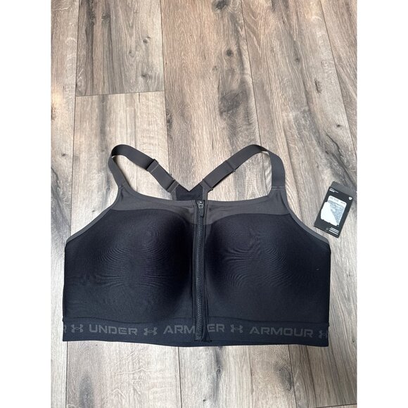 Under Armour Womens High CrossBack Support Zip Front Sports Bra 44DDD Black #1 P